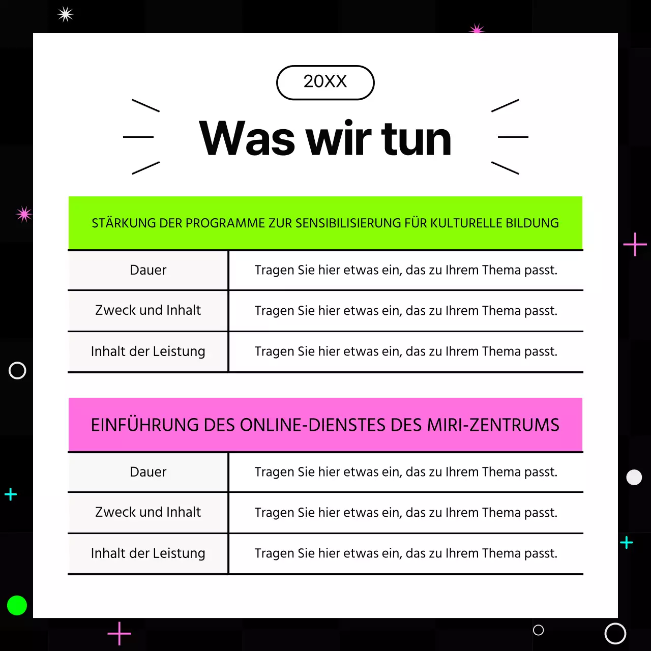 Kitschige Jahresendberichte in Pink und Neonfarben