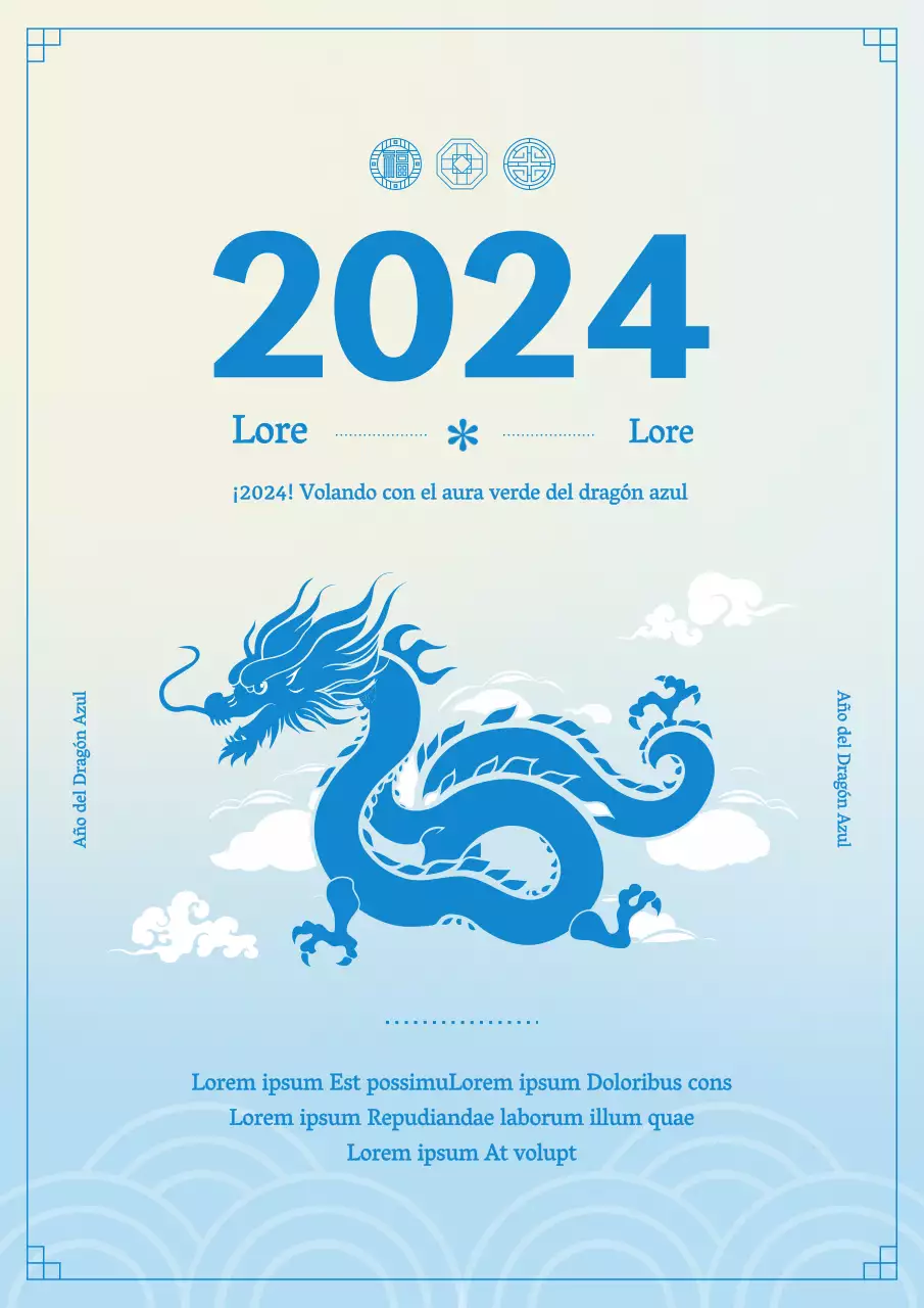 Postal oriental de felicitación de Año Nuevo en azul claro y marfil