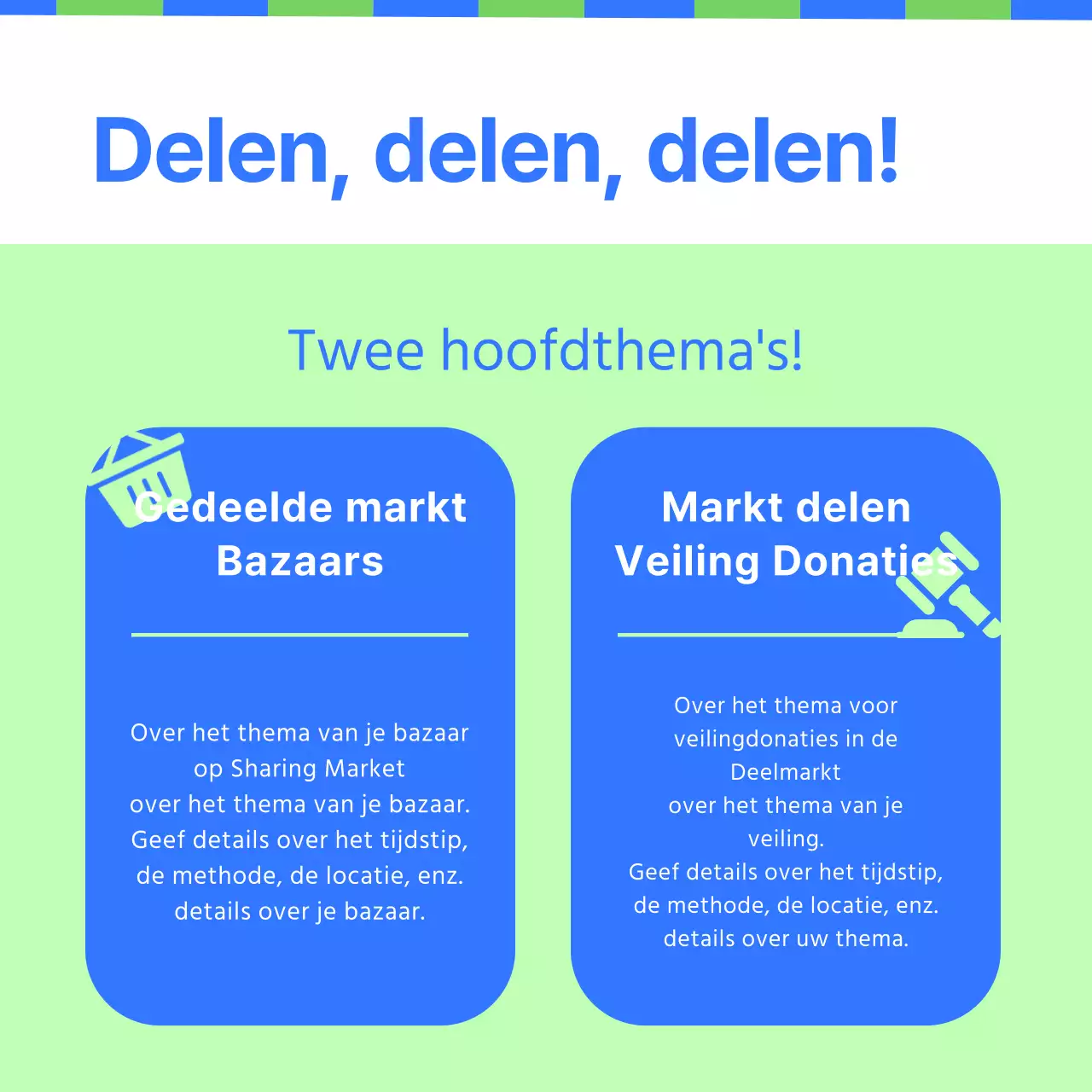Aankondiging van een pop van groen en blauw delende markt