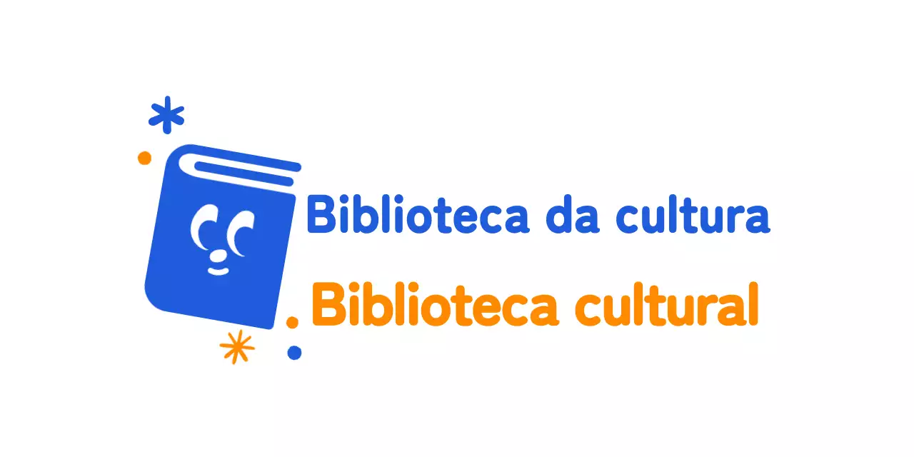 Logótipo de biblioteca com ilustração de um livro engraçado