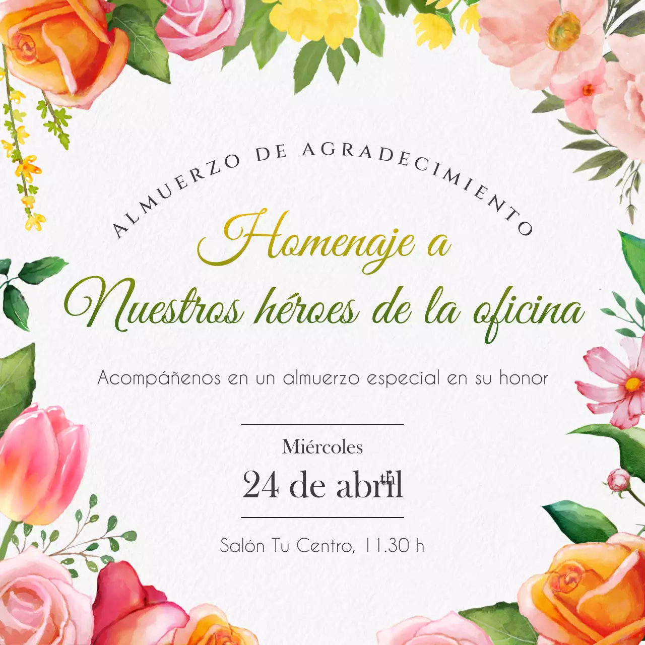 Una elegante invitación para un almuerzo de agradecimiento sobre fondo blanco