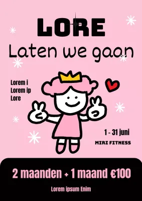 Een kitscherige roze en gele fitnessverkoopadvertentie