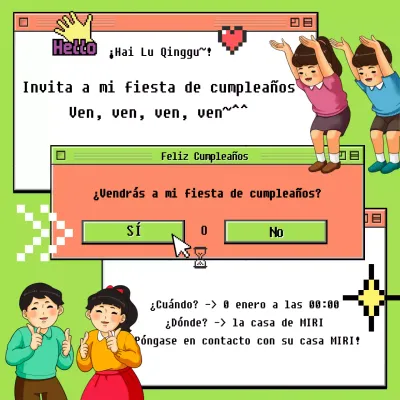 Invitación de cumpleaños pop-up retro en chartreuse y rosa