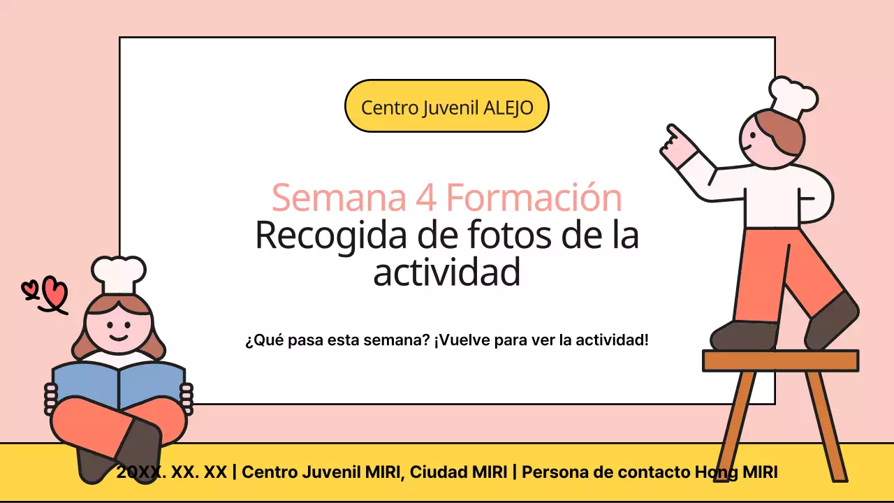 Presentación del programa central amarillo y rosa