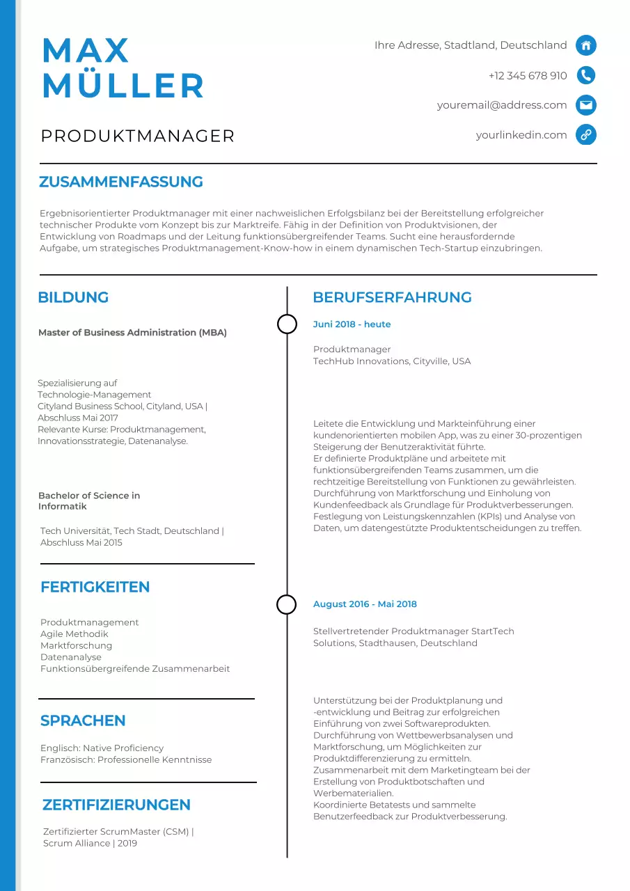 Weiß und Blau Klassisch Produktmanager Lebenslauf