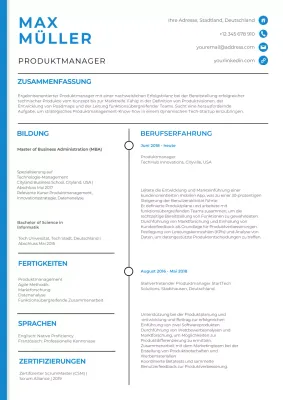 Weiß und Blau Klassisch Produktmanager Lebenslauf