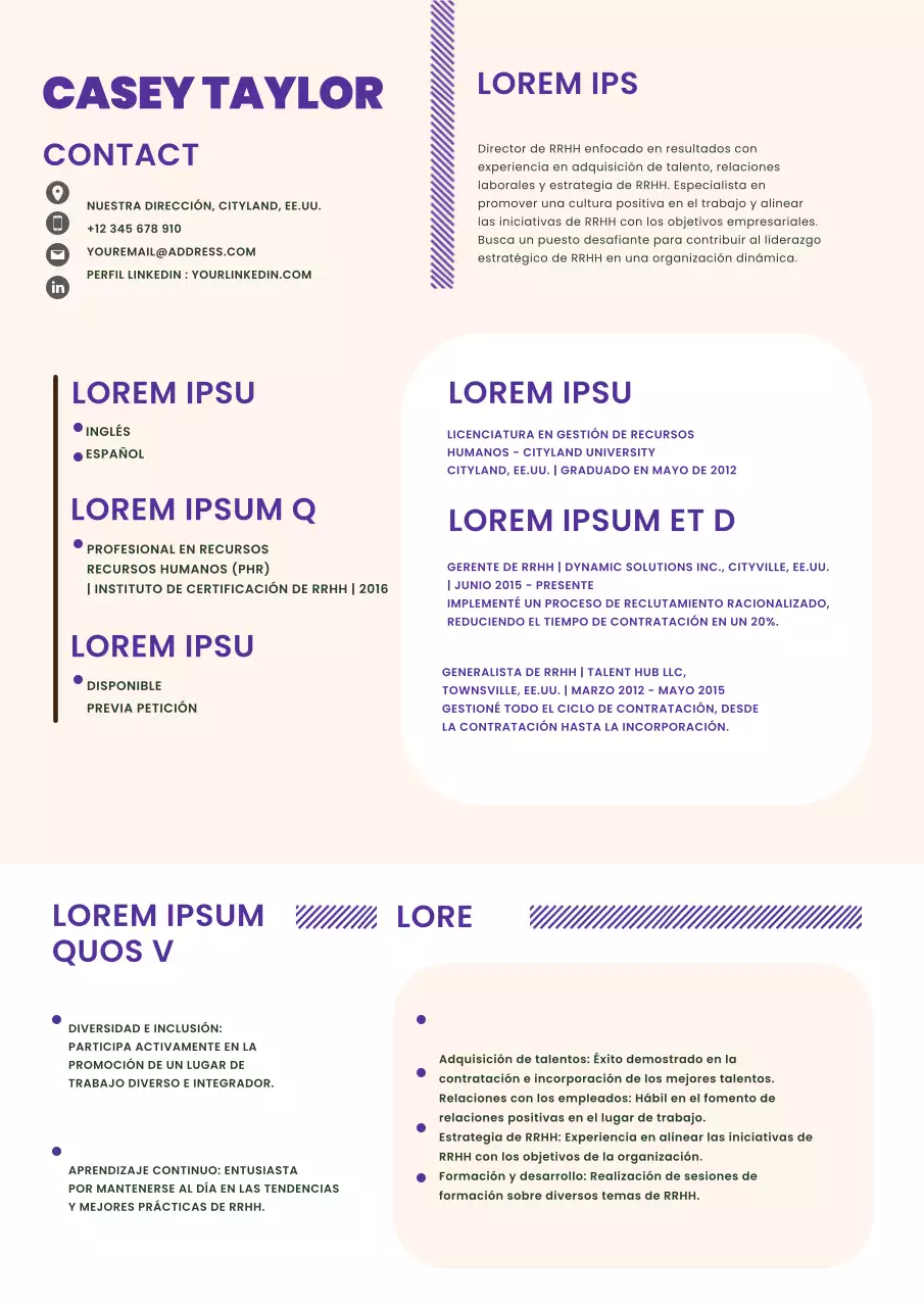 Curriculum Vitae Recursos Humanos Beige y Violeta