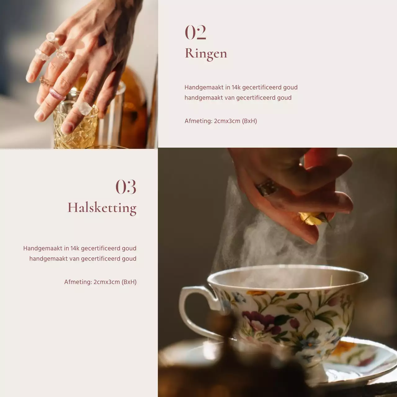 Een advertentie voor een lookbook met trendy sieraden in roze en bruin.