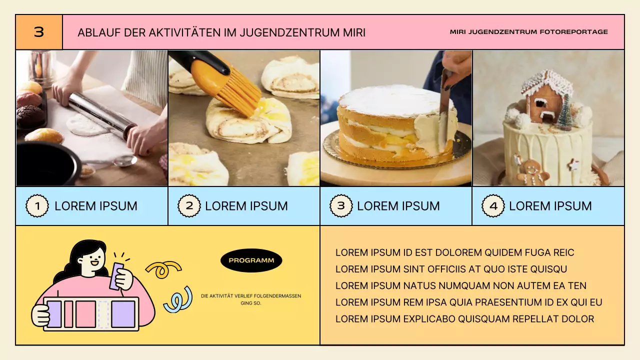 Präsentationen zu den Aktivitäten des Jugendzentrums in Gelb und Mintgrün