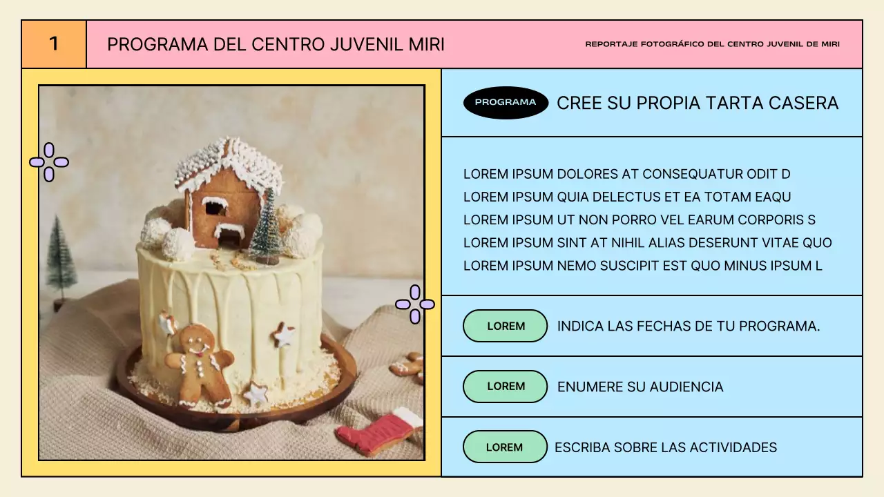 Presentaciones de actividades del centro juvenil amarillo y menta