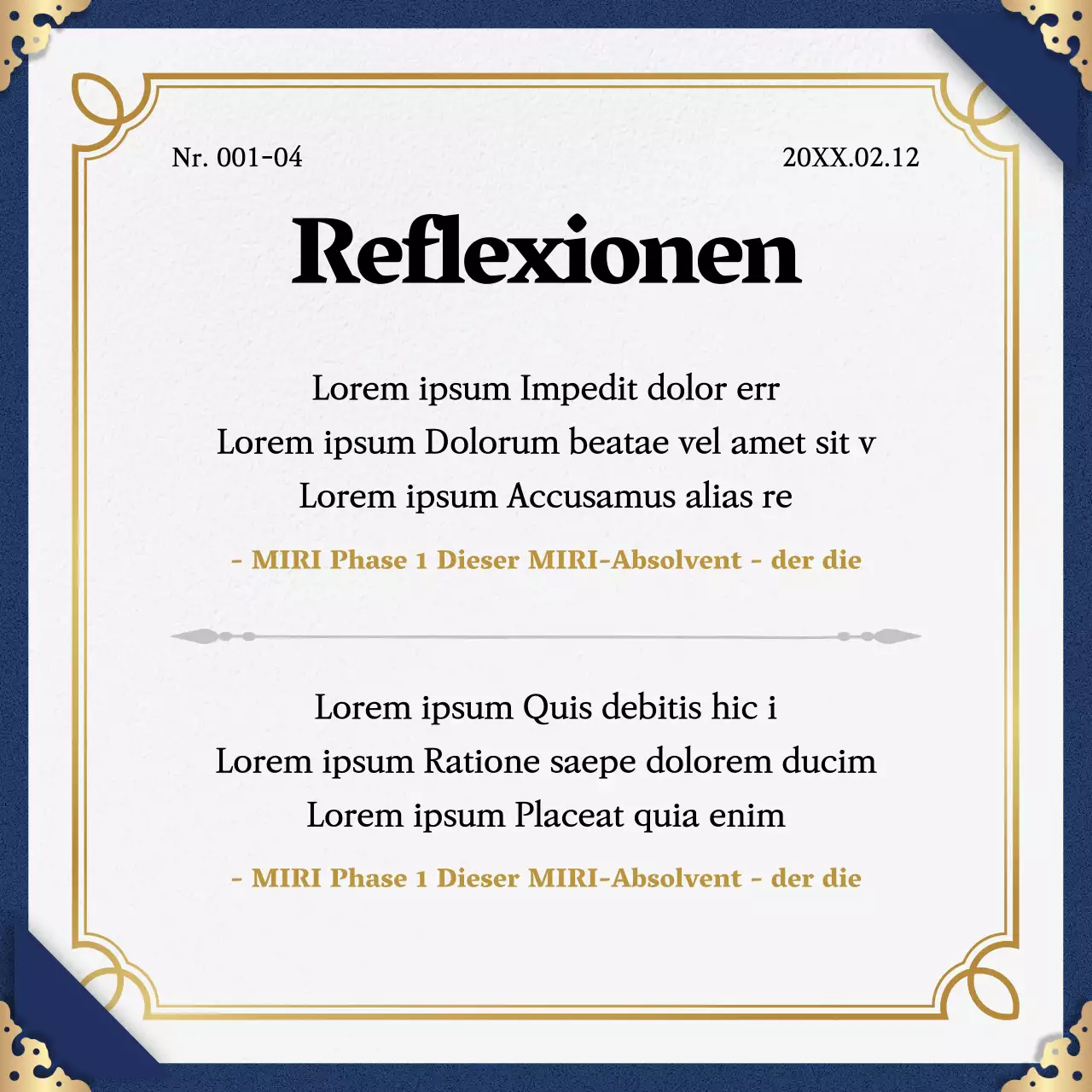 Werben Sie für den Abschluss des Programms mit einem klassischen Farbschema in Marine und Gold