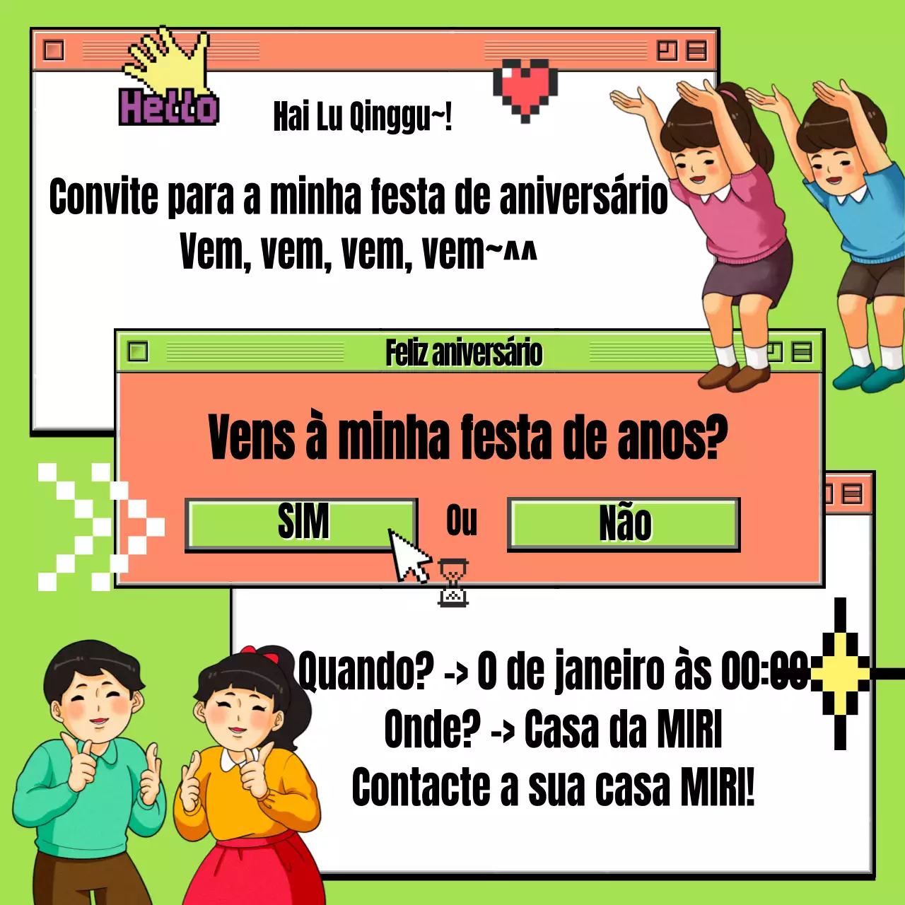 Convite de aniversário pop-up retro em chartreuse e cor-de-rosa