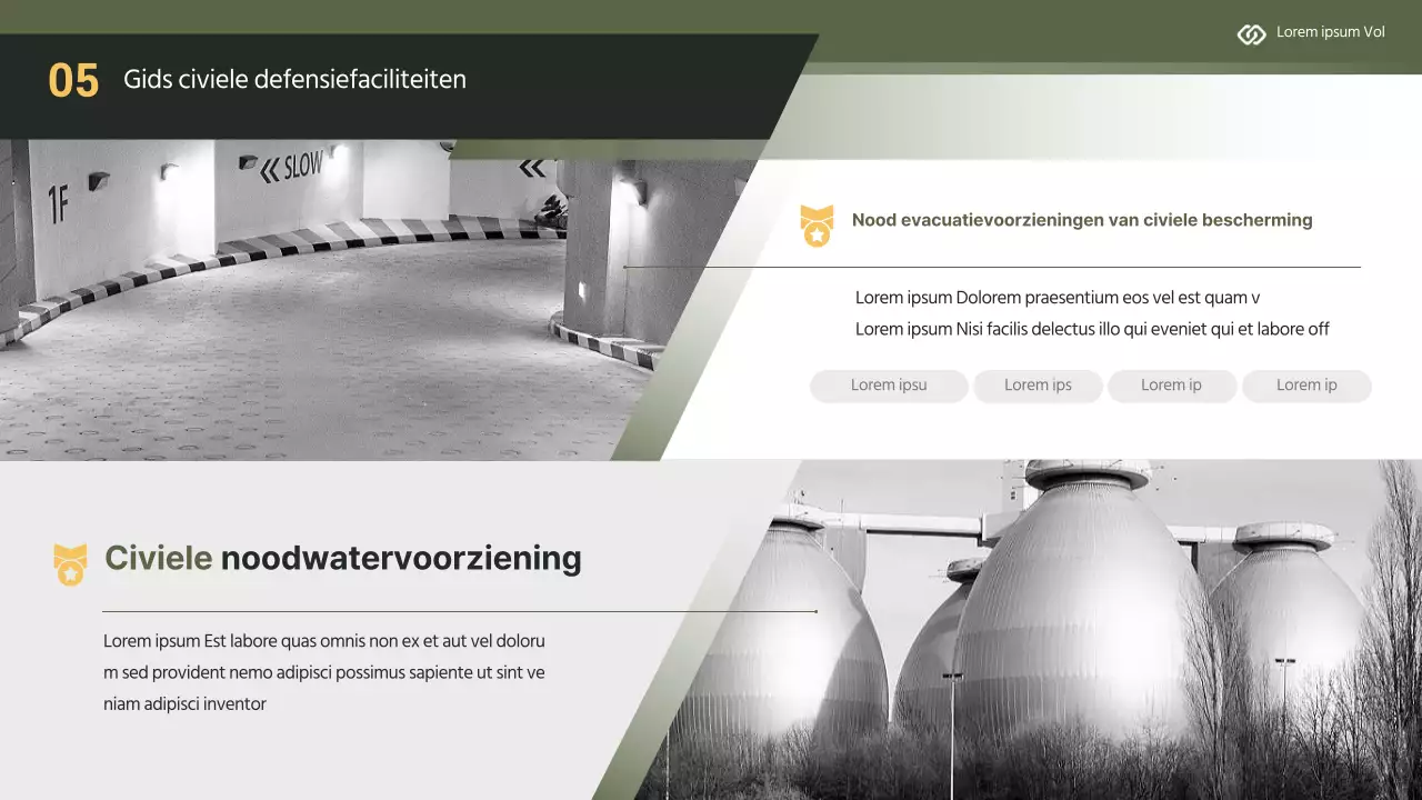 Modern trainingsmateriaal voor civiele bescherming in geel en kaki