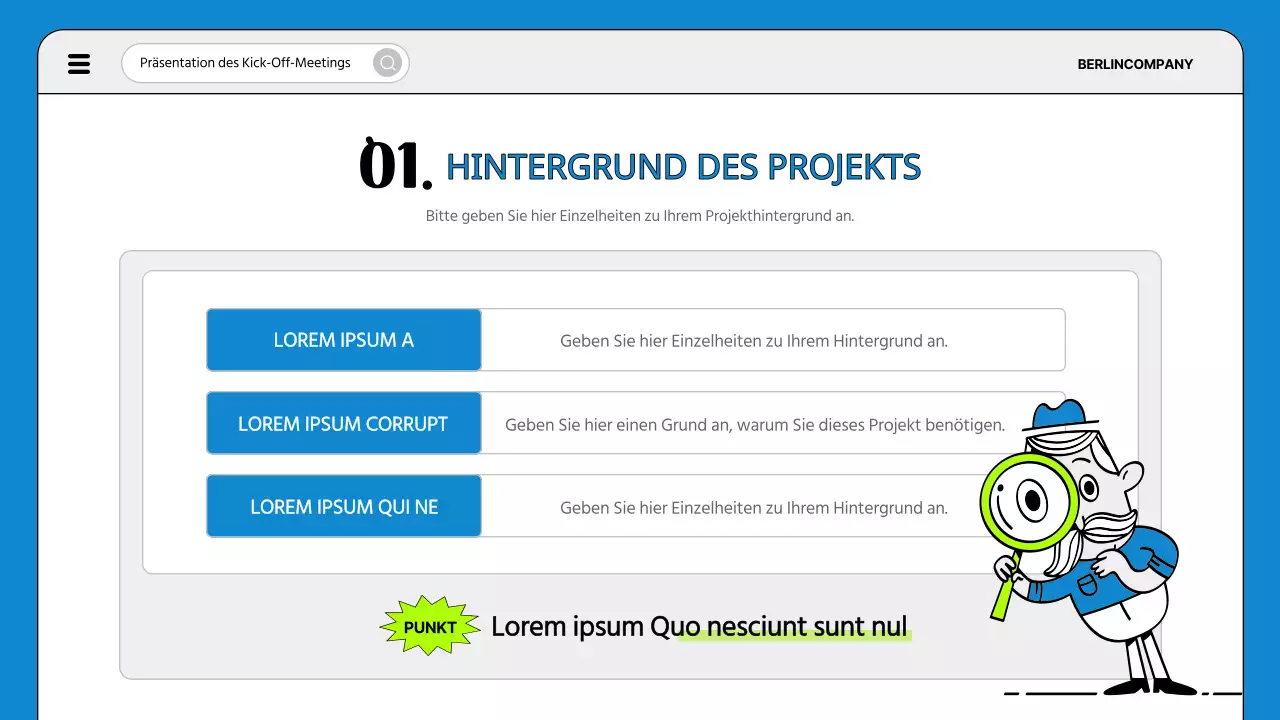 Eine einfache Tagesordnung für ein Projektstarttreffen in Blau und Fluoreszenz