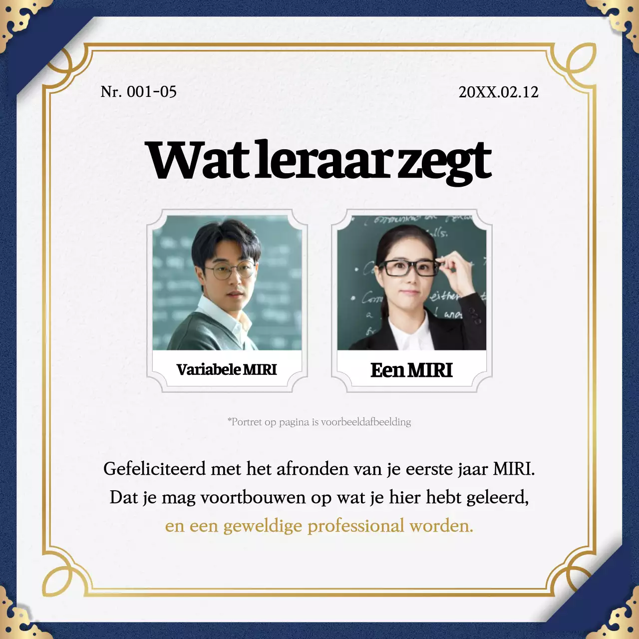 Promoot de voltooiing van het programma met een klassiek kleurenschema in marineblauw en goud