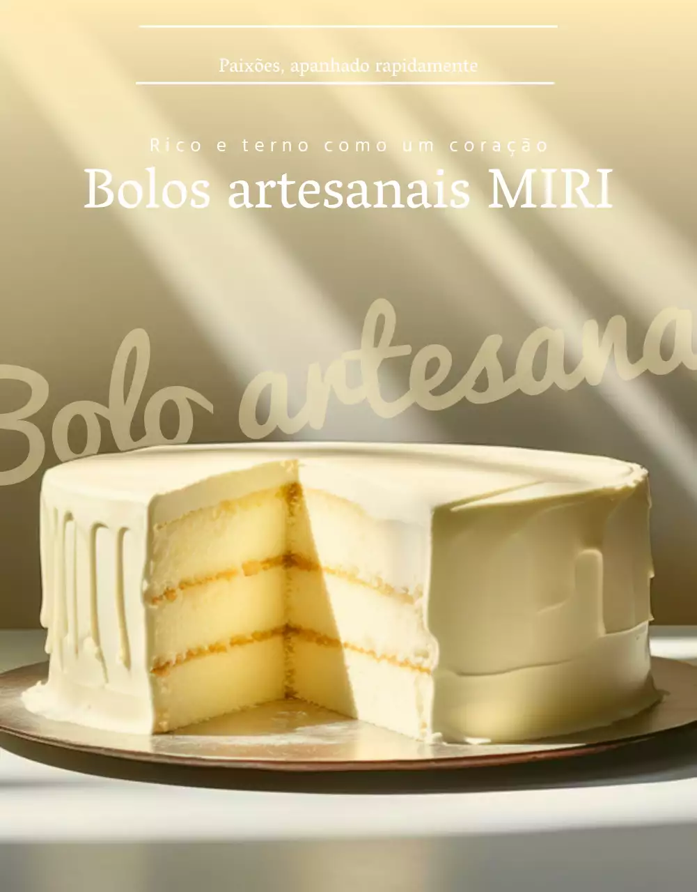 Anúncio da venda de um bolo simples bege e marfim