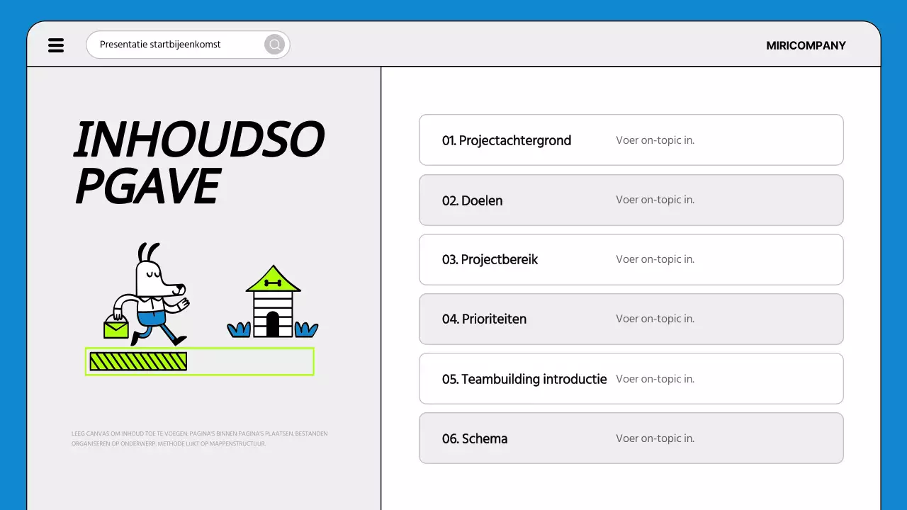 Een eenvoudige agenda voor de startvergadering van een project in blauw en fluorescentie