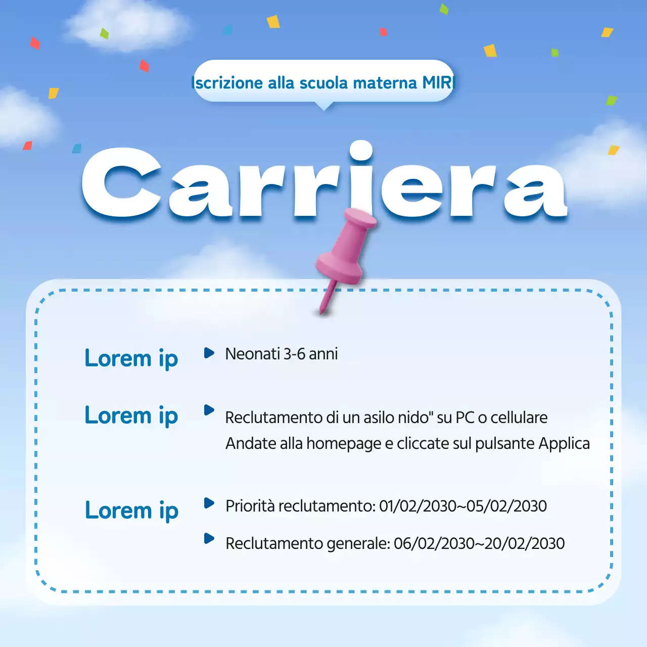 Un grazioso avviso di selezione per la scuola materna in azzurro e bianco