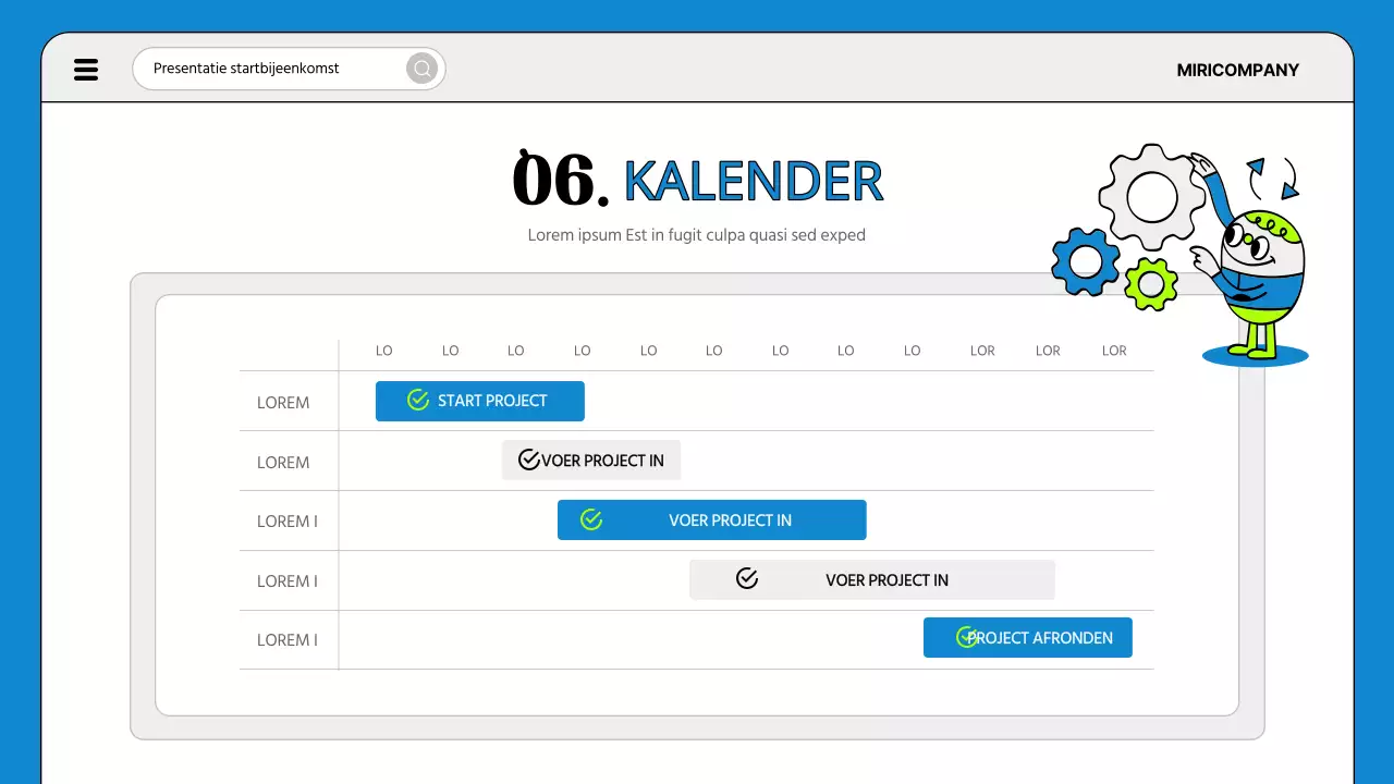 Een eenvoudige agenda voor de startvergadering van een project in blauw en fluorescentie