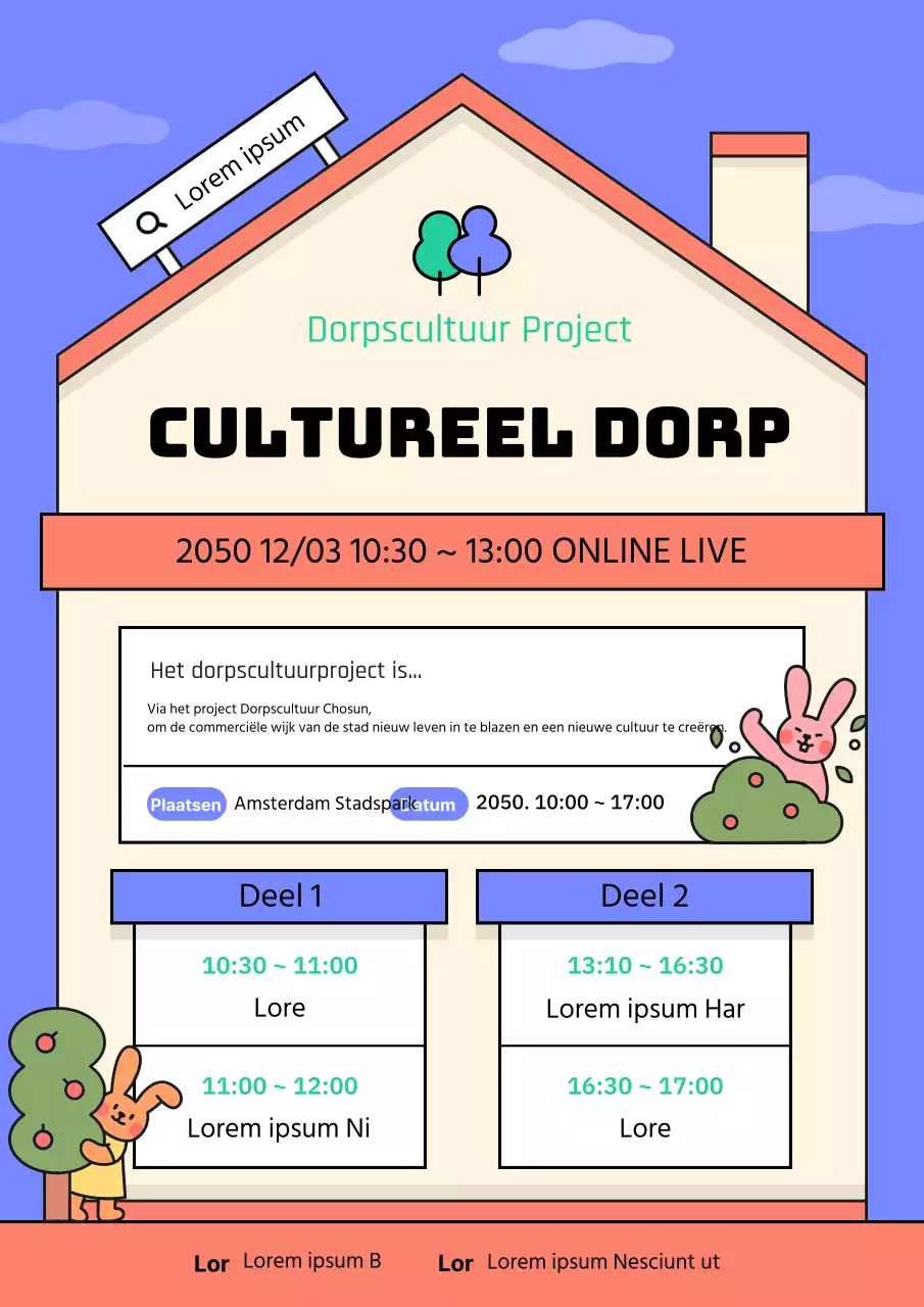 Aankondiging van de presentatie van het Rode en Paarse Dorpscultuurcreatieproject