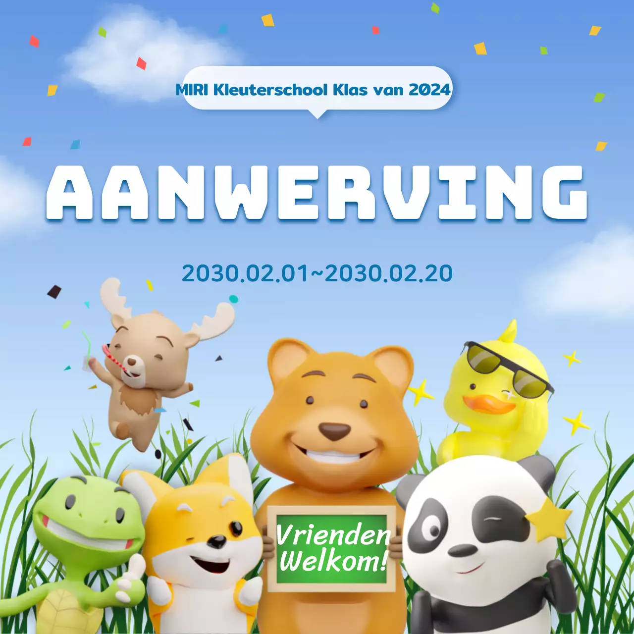 Een mooi wervingsbericht voor een kleuterschool in lichtblauw en wit