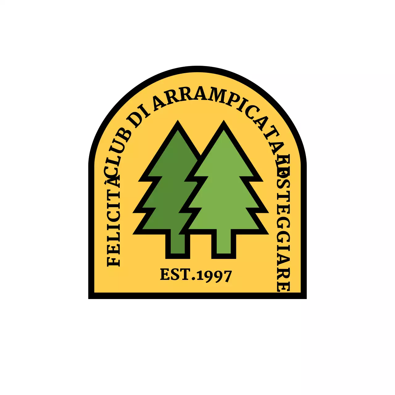 Un semplice concetto di campeggio con un'illustrazione di un albero e un logo ad arco