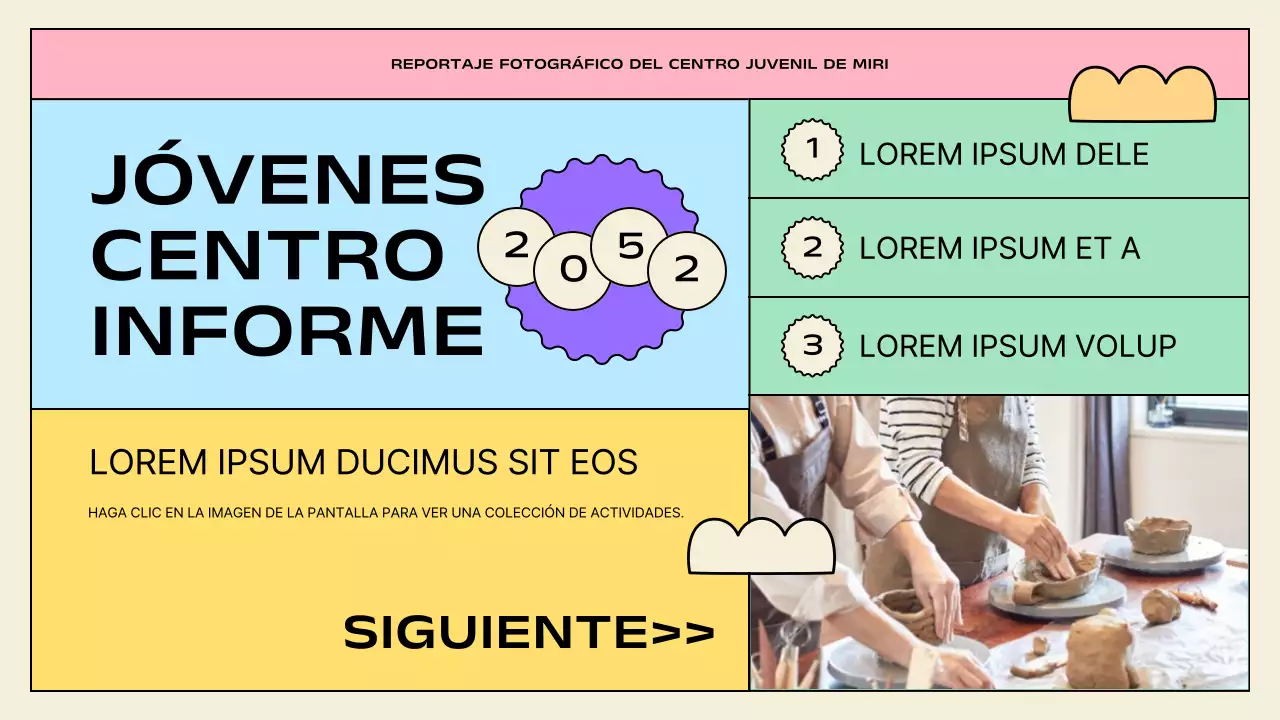 Presentaciones de actividades del centro juvenil amarillo y menta