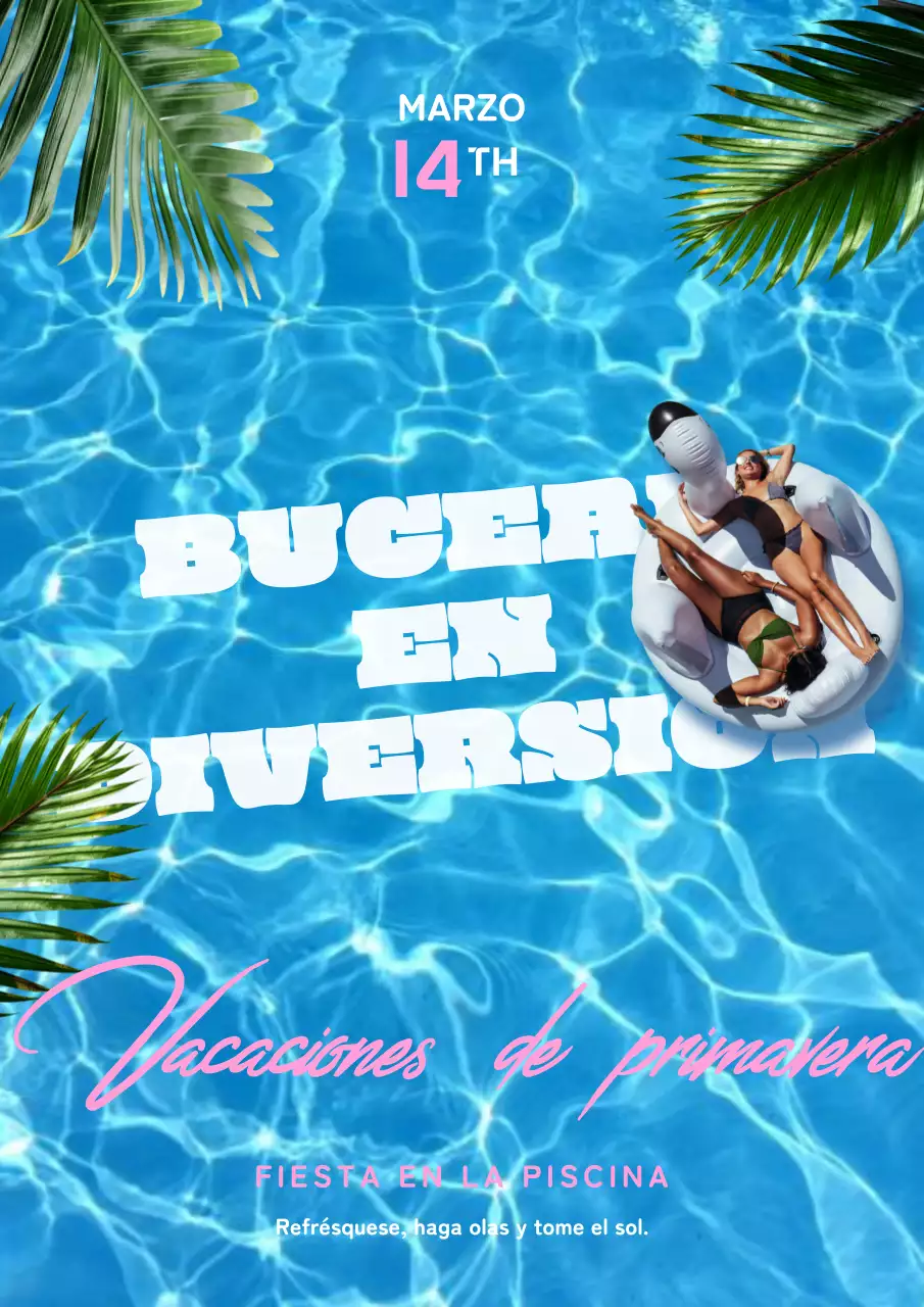 Promocione una fiesta en la playa con fotos de personas y plantas nadando en azul claro.