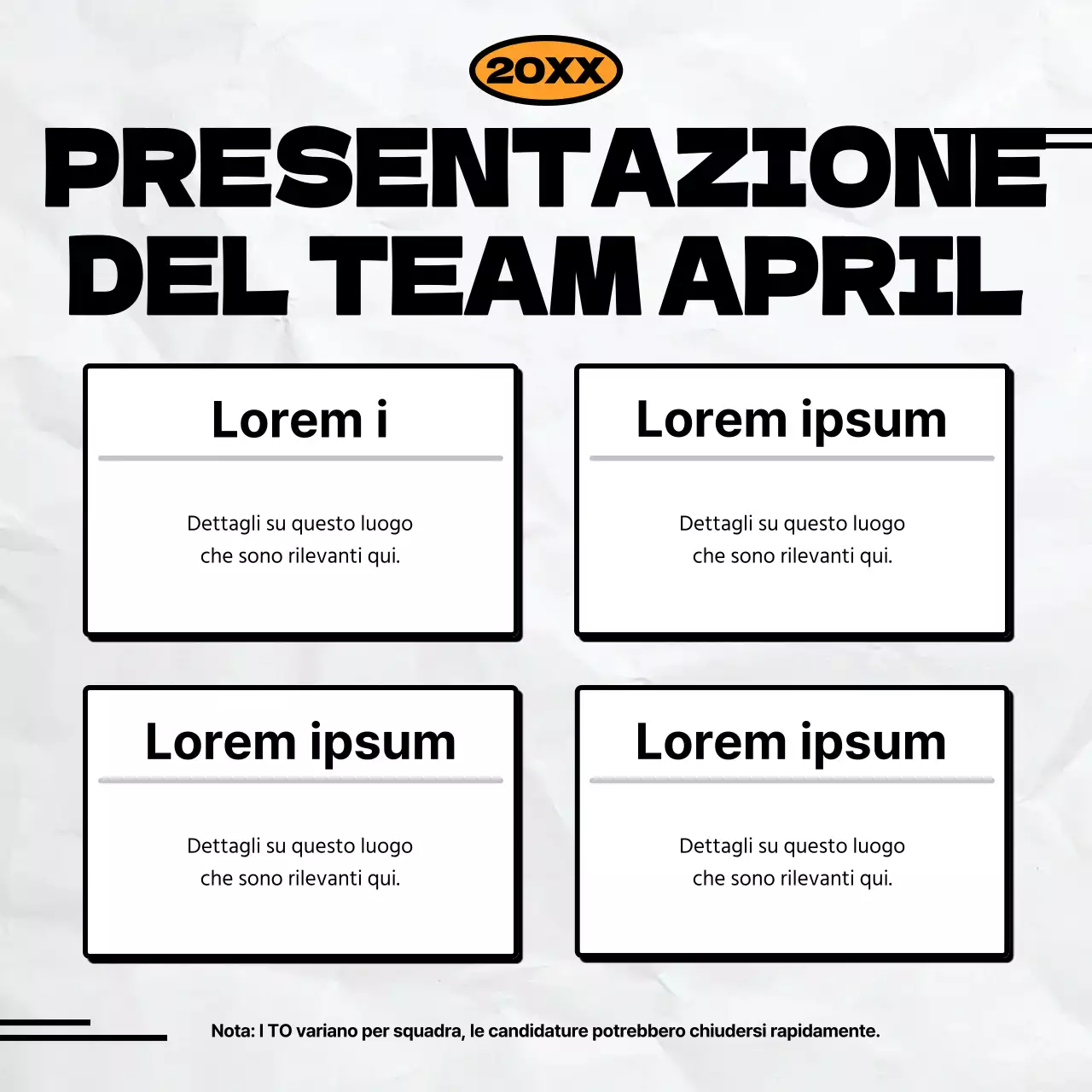 Annuncio minimalista di reclutamento di una squadra di calcio in nero e arancione