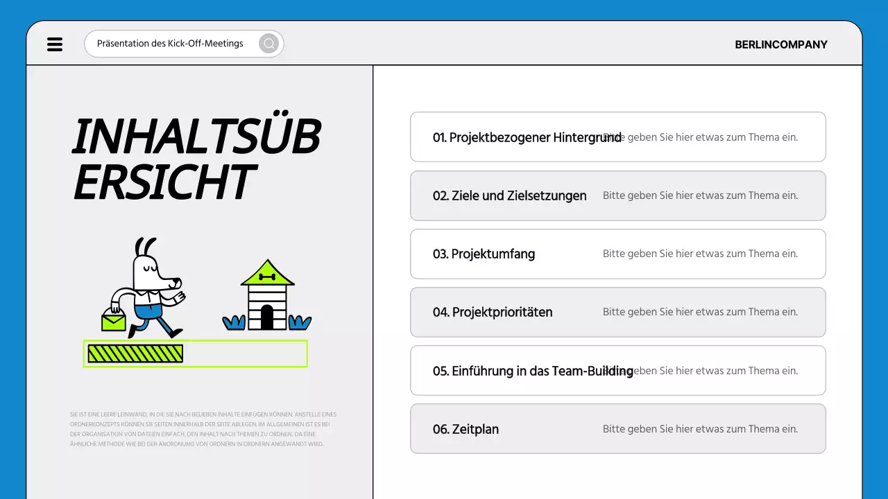 Eine einfache Tagesordnung für ein Projektstarttreffen in Blau und Fluoreszenz