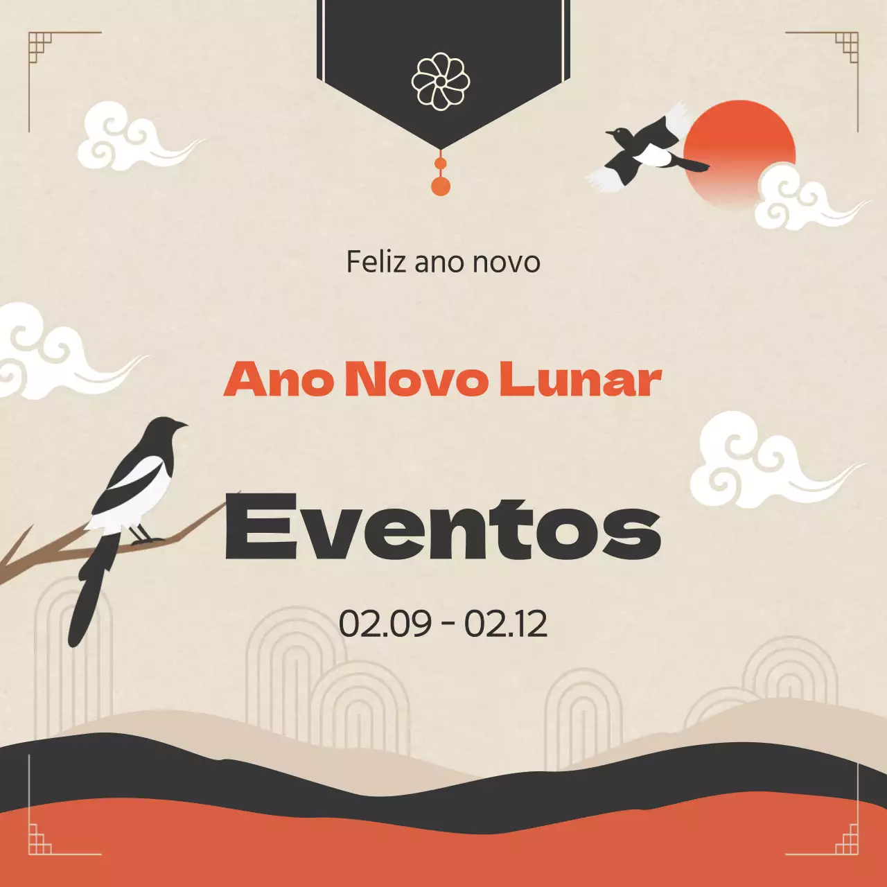 Anúncio de Ano Novo chinês oriental em laranja e castanho