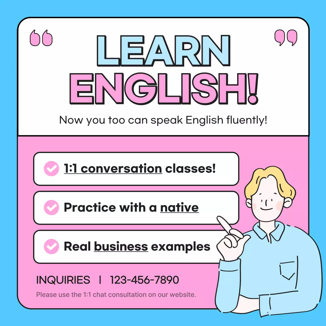 Pink Comic English Classes Promotion Social Media Post