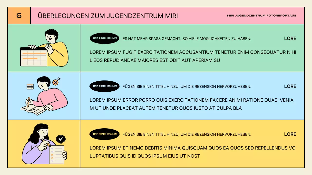 Präsentationen zu den Aktivitäten des Jugendzentrums in Gelb und Mintgrün