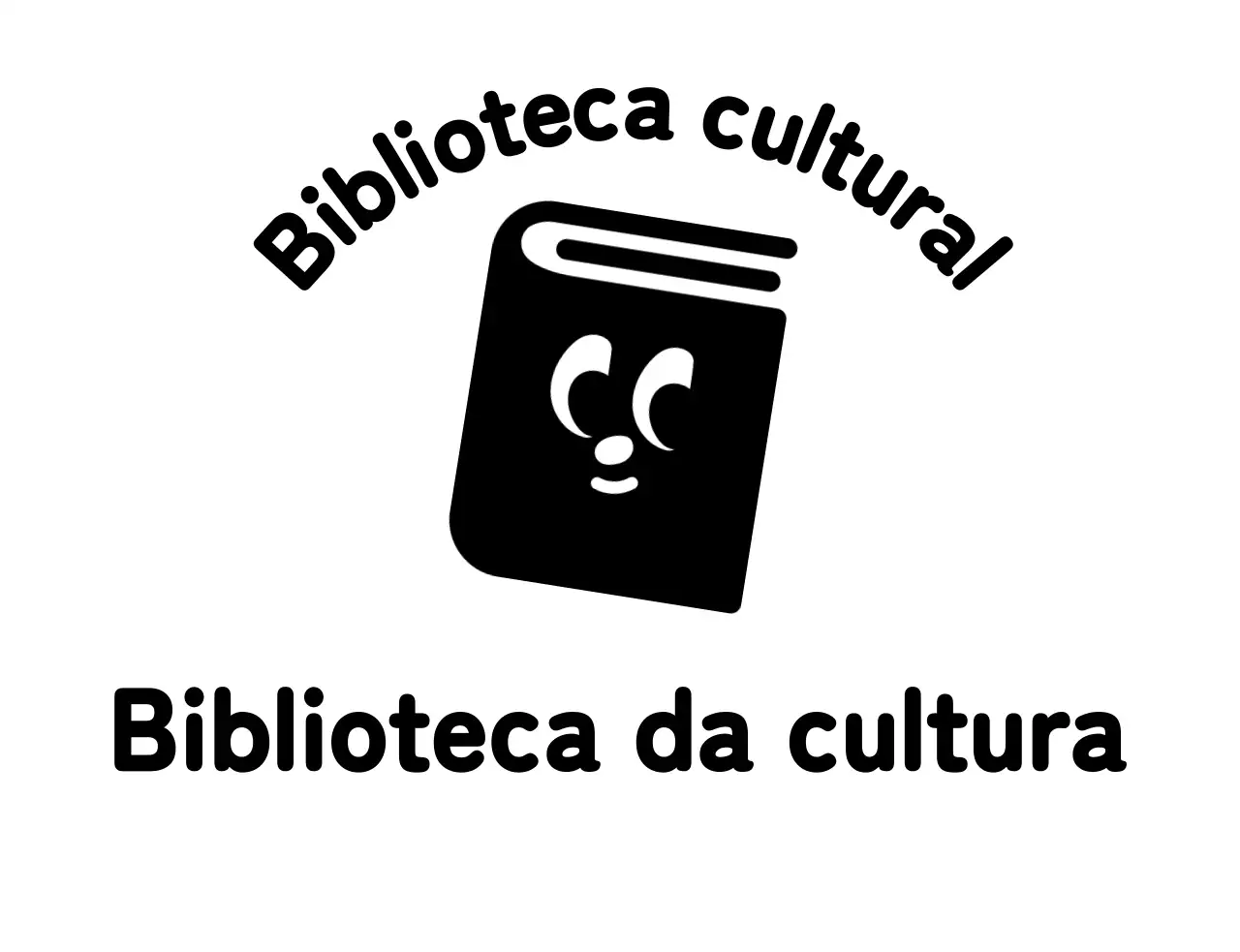 Logótipo de biblioteca com ilustração de um livro engraçado