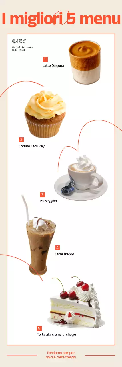 Promuovere le bevande da dessert del caffè con accenti arancioni