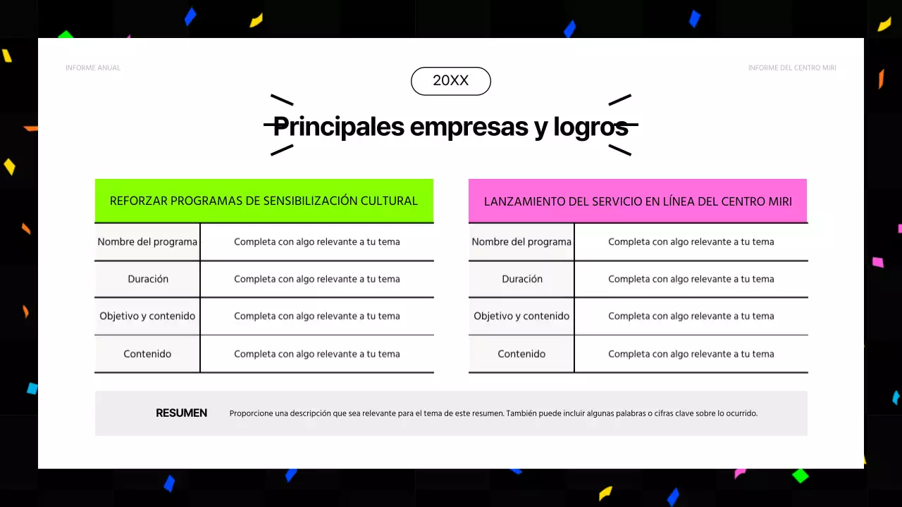 Informes financieros de fin de año en rosa fuerte y colores fluorescentes
