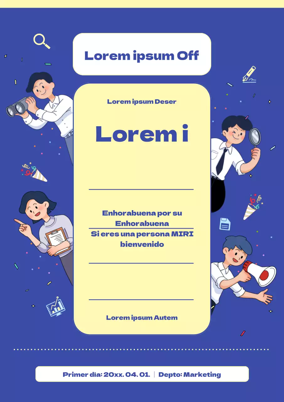 Un bonito folleto azul y amarillo de bienvenida al trabajo