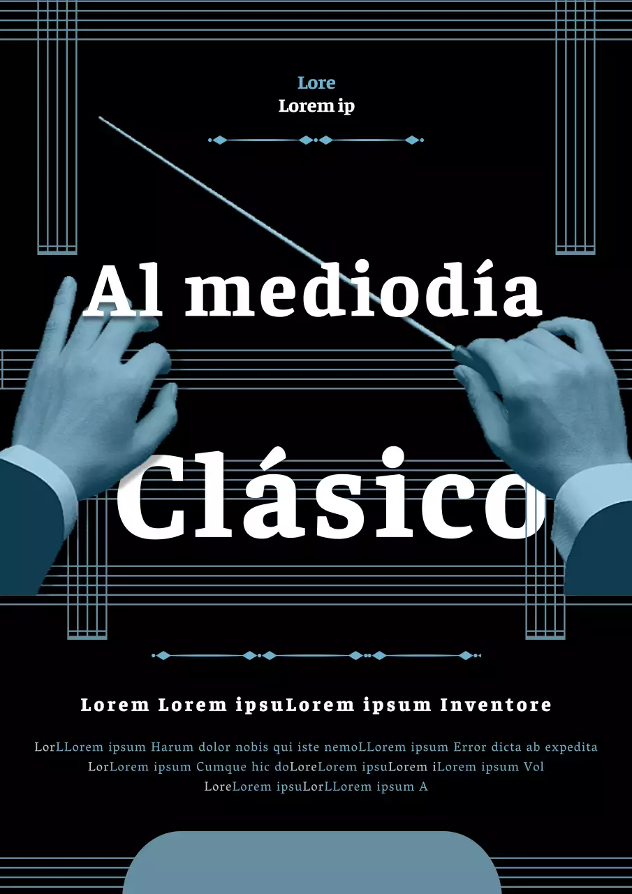 Folleto de concierto de música clásica moderna en azul marino