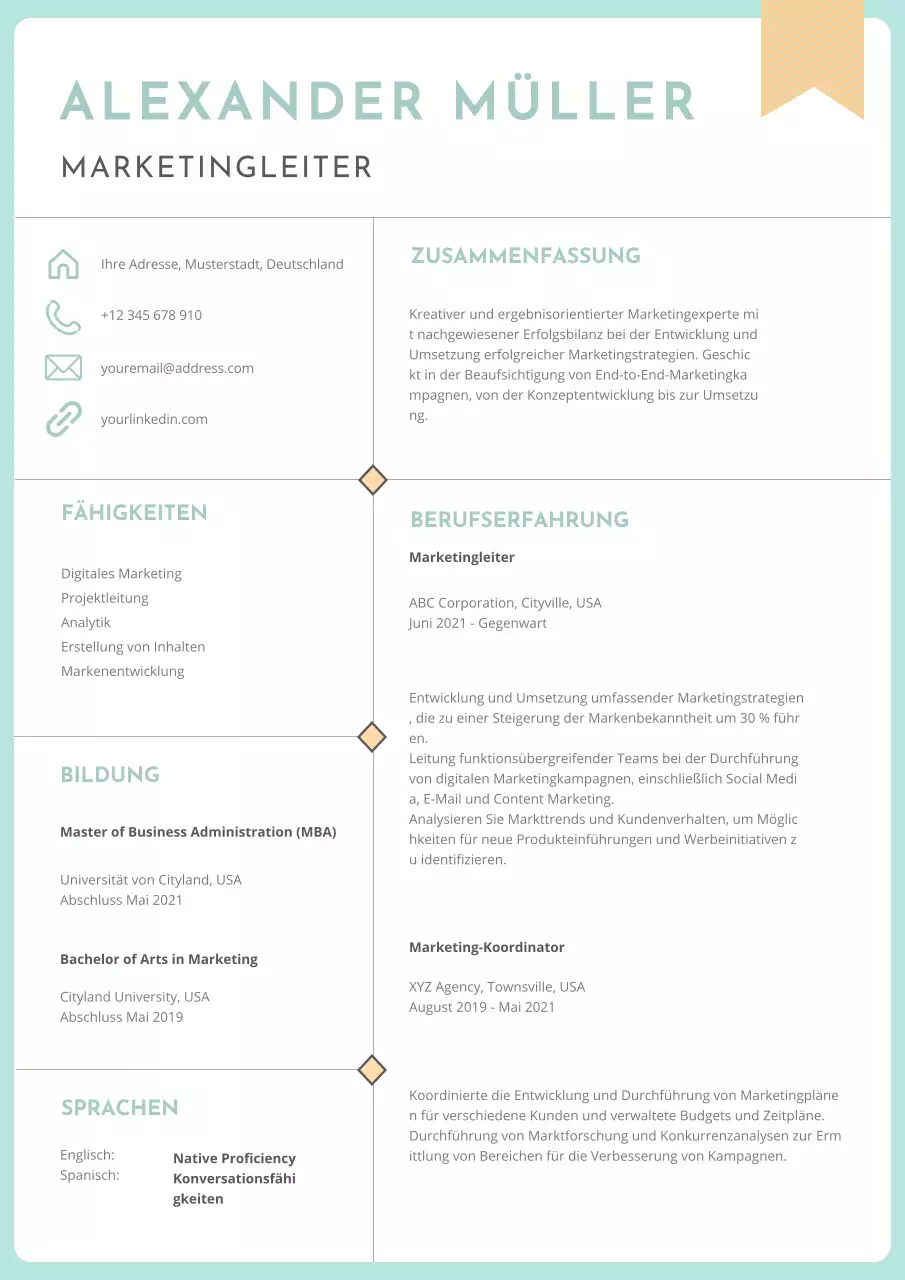 Mint und Beige Charmanter Lebenslauf für Marketing Manager