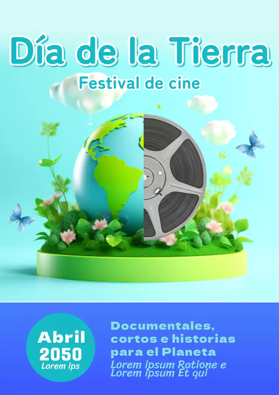 Promoción del Festival de Cine del Día de la Tierra con temática de la naturaleza en azul cielo y morado
