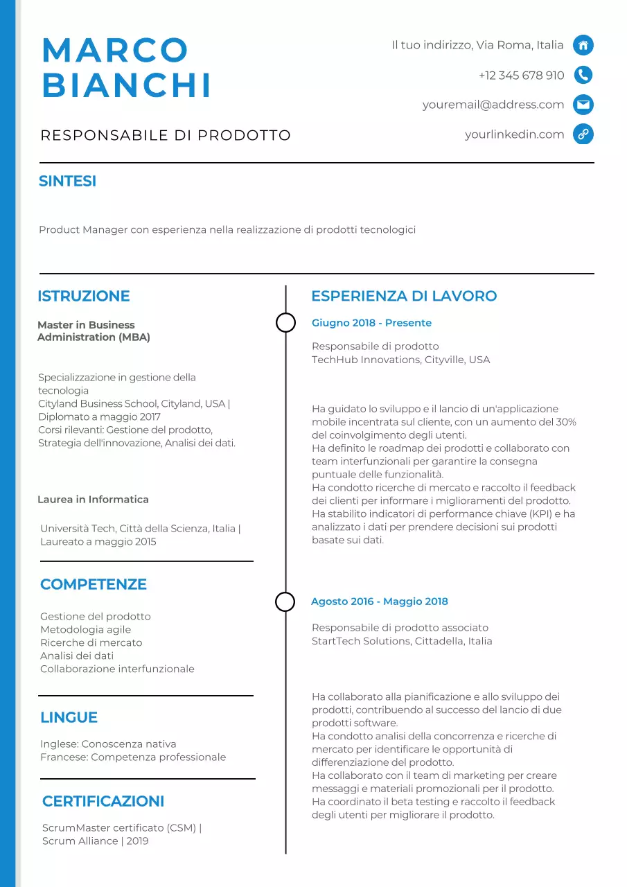 Curriculum classico bianco e blu del Product Manager