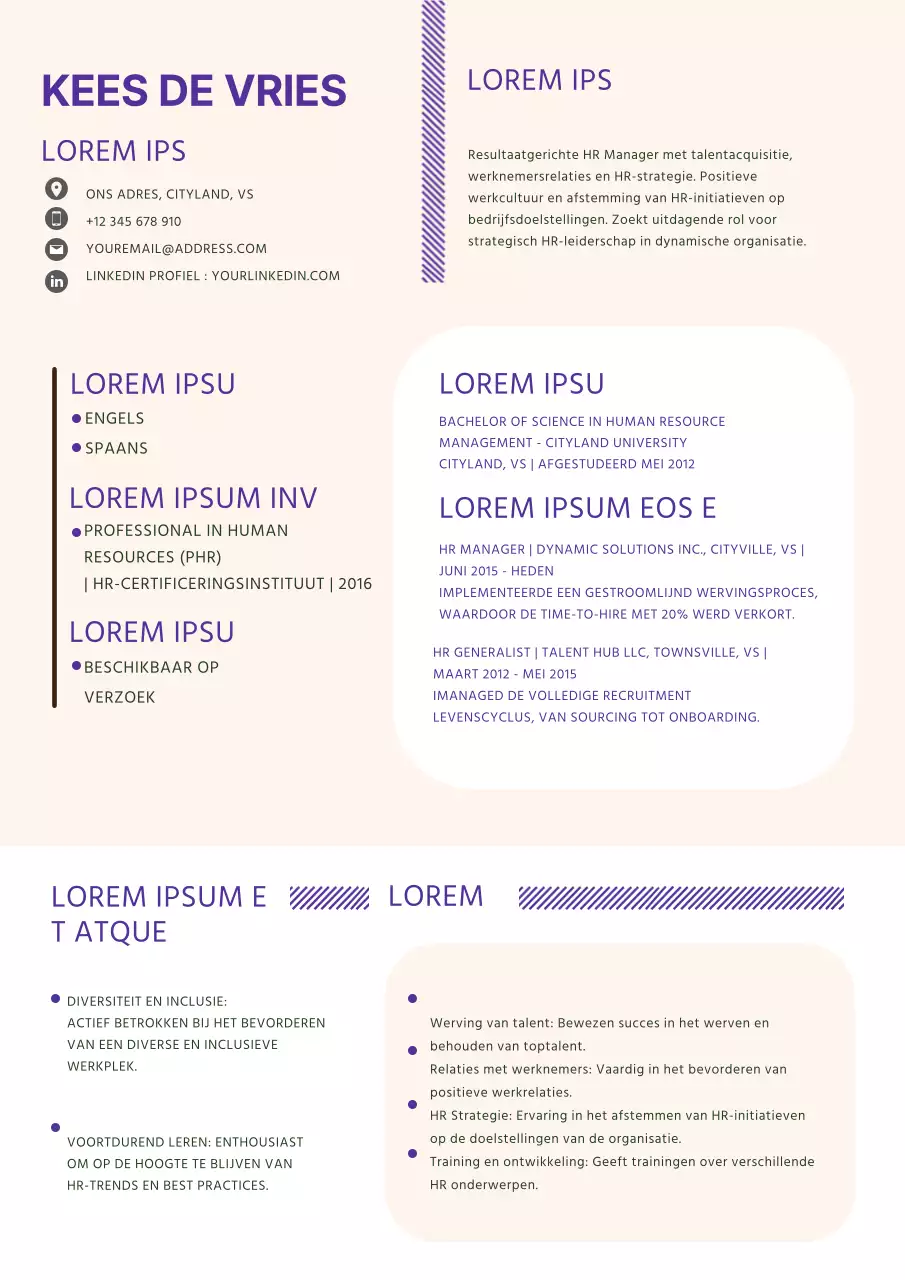Beige en paars Trendy Human Resources CV