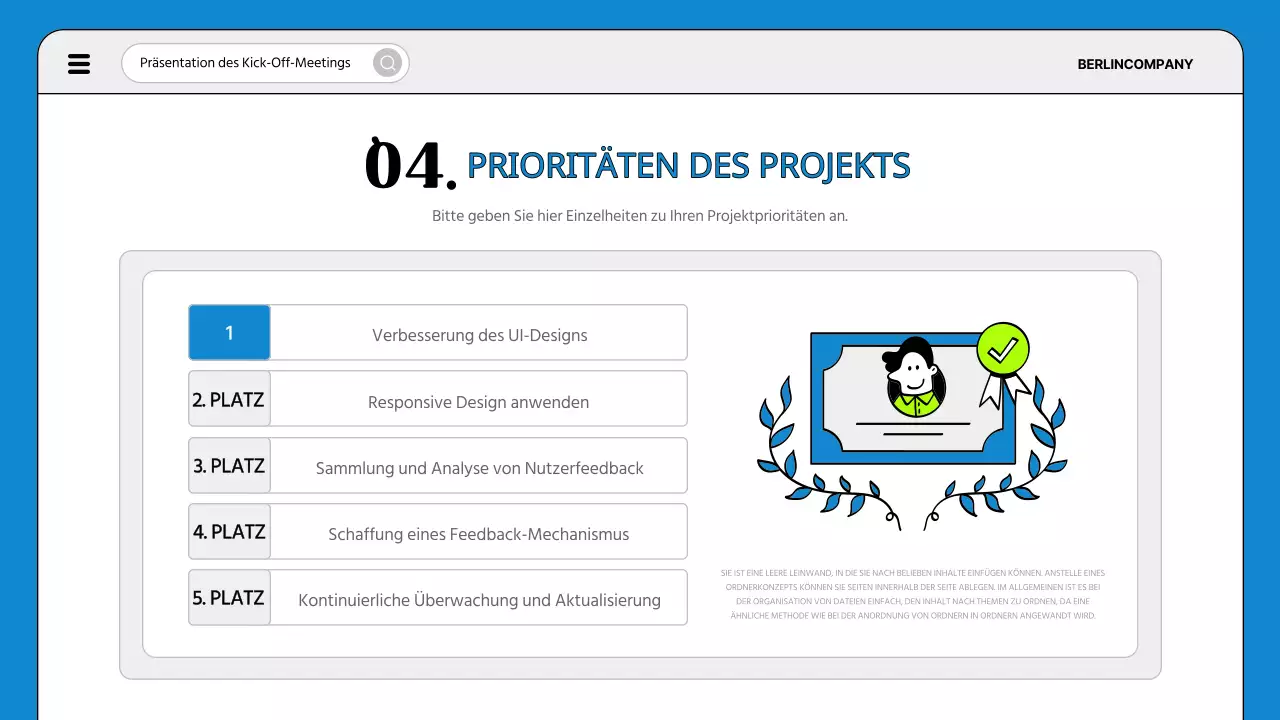 Eine einfache Tagesordnung für ein Projektstarttreffen in Blau und Fluoreszenz