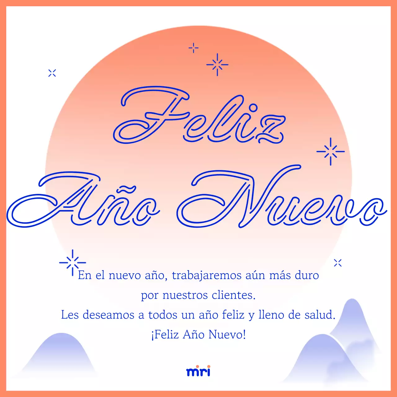 Sencilla tarjeta de felicitación de Año Nuevo en naranja y azul