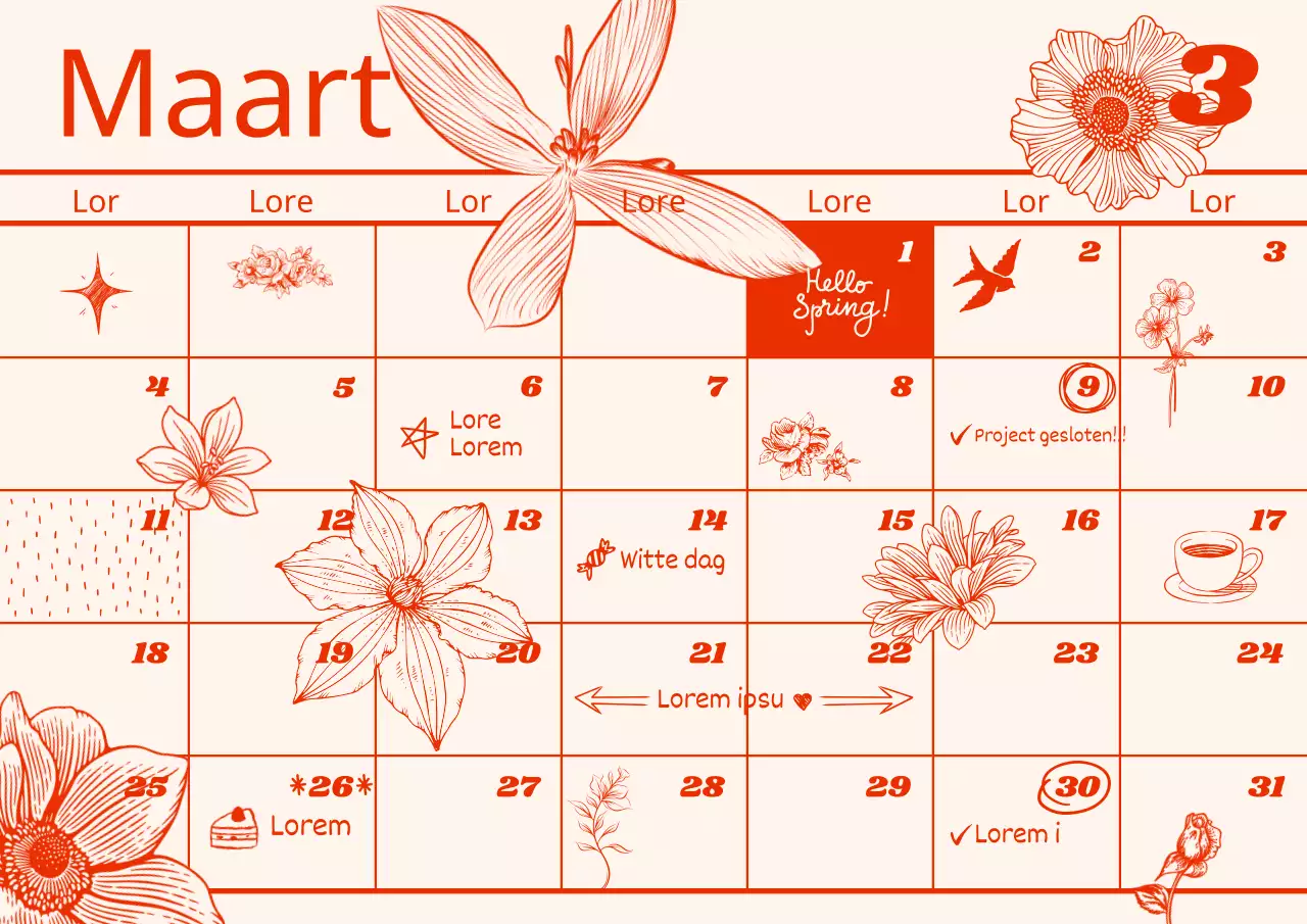 Vintage geïllustreerde mousseline kalender in rood en ivoor