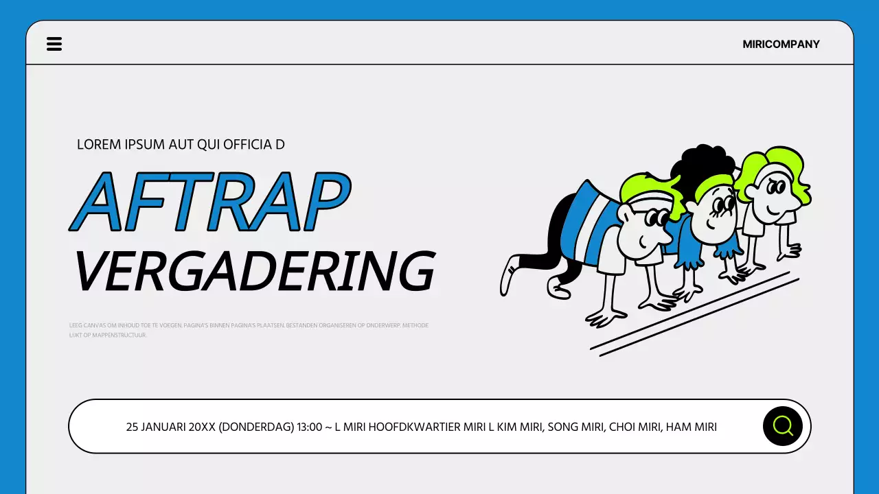 Een eenvoudige agenda voor de startvergadering van een project in blauw en fluorescentie