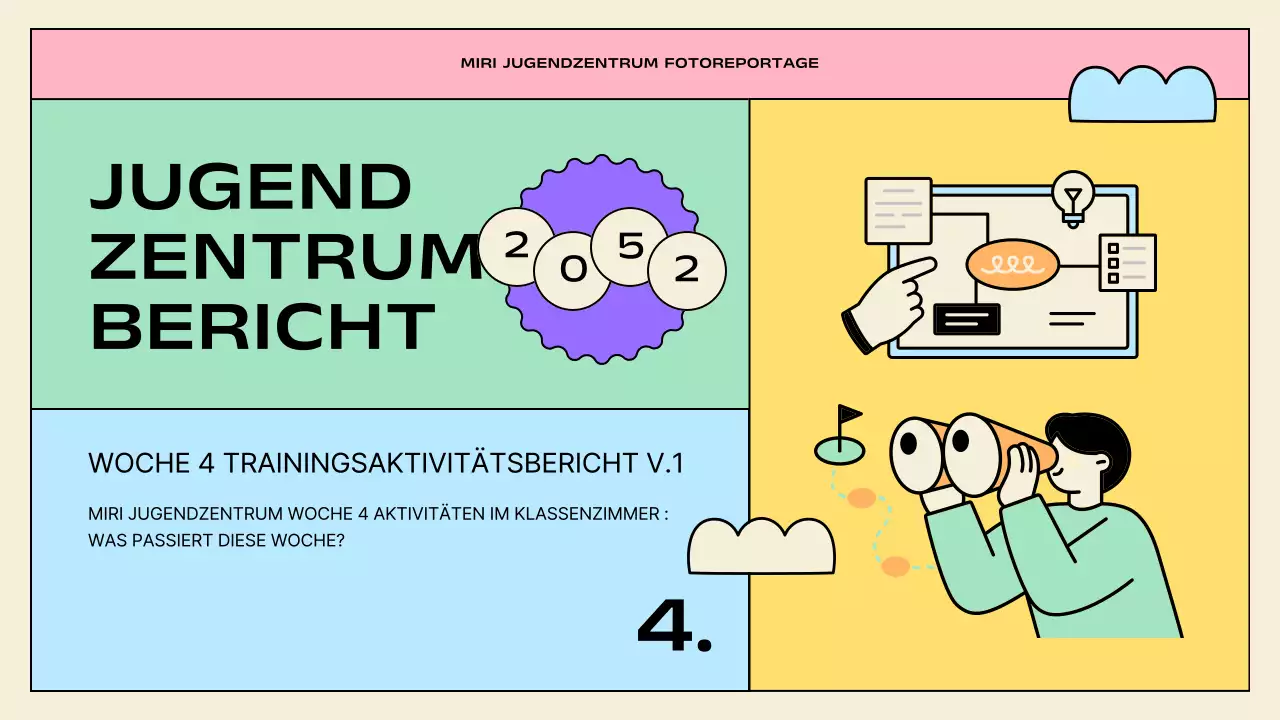 Präsentationen zu den Aktivitäten des Jugendzentrums in Gelb und Mintgrün