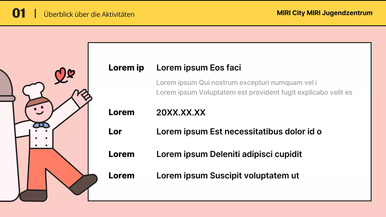 Präsentation des Programms in der gelben und rosa Mitte