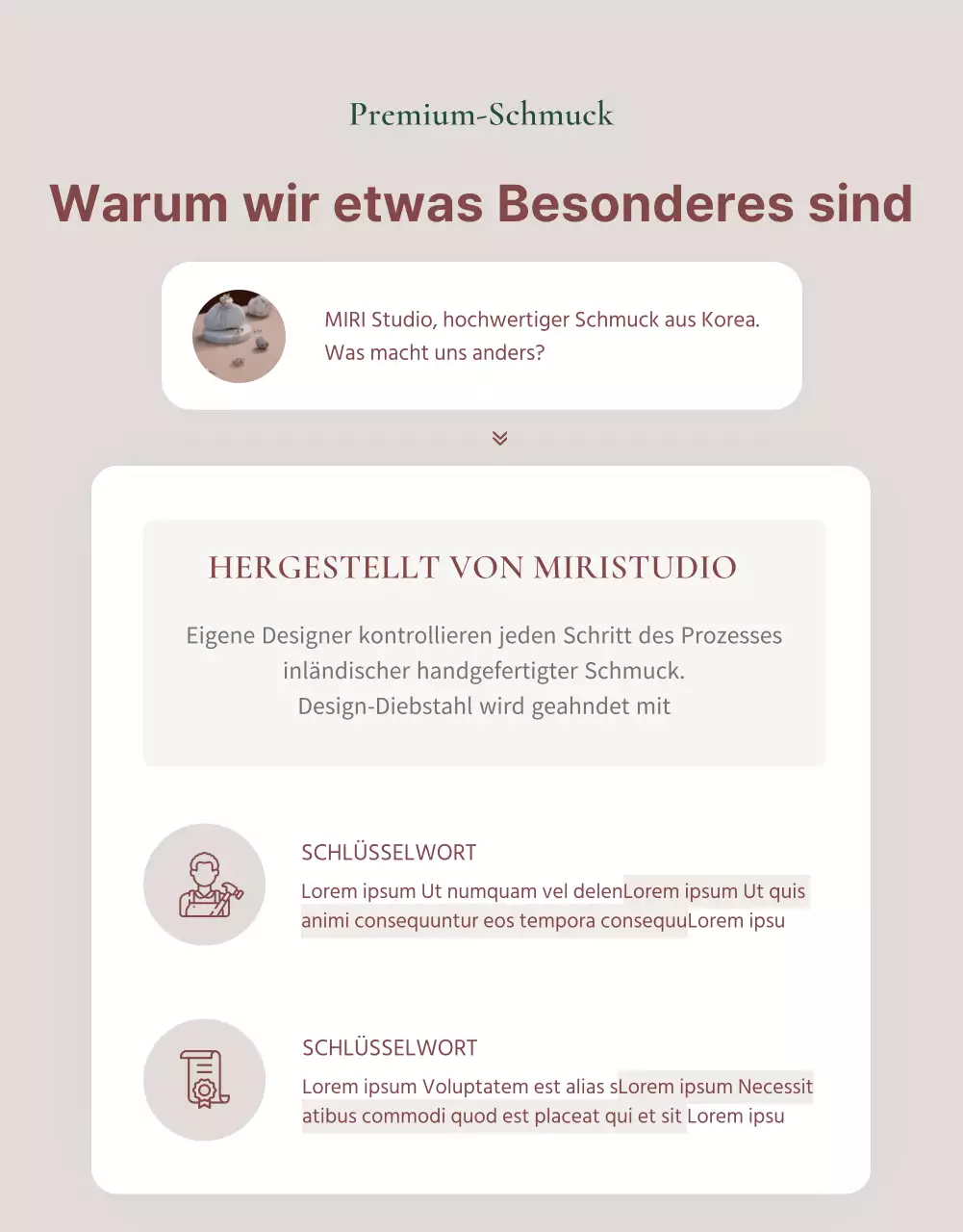 Eine Anzeige, die ein Lookbook mit trendigen Schmuckaccessoires in Rosa und Braun verkauft.