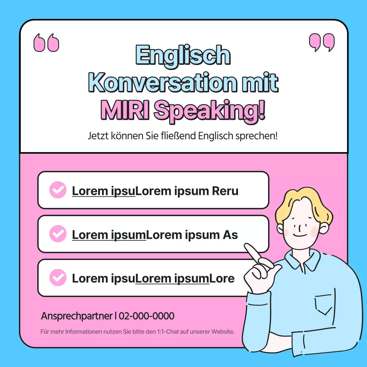 Werbung für eine kitschige Englisch-Sprachschule in Rosa und Hellblau